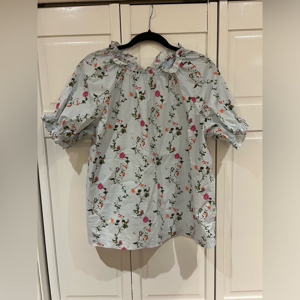 Hill House light blue floral ruffle-neck blouse